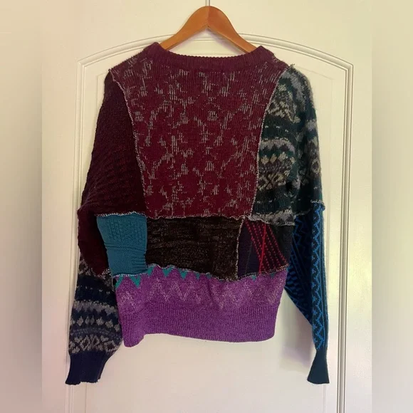 Urban Renewal Patchwork Vintage Crewneck Sweater in Plum, Purple & Teal - Picture 3 of 9
